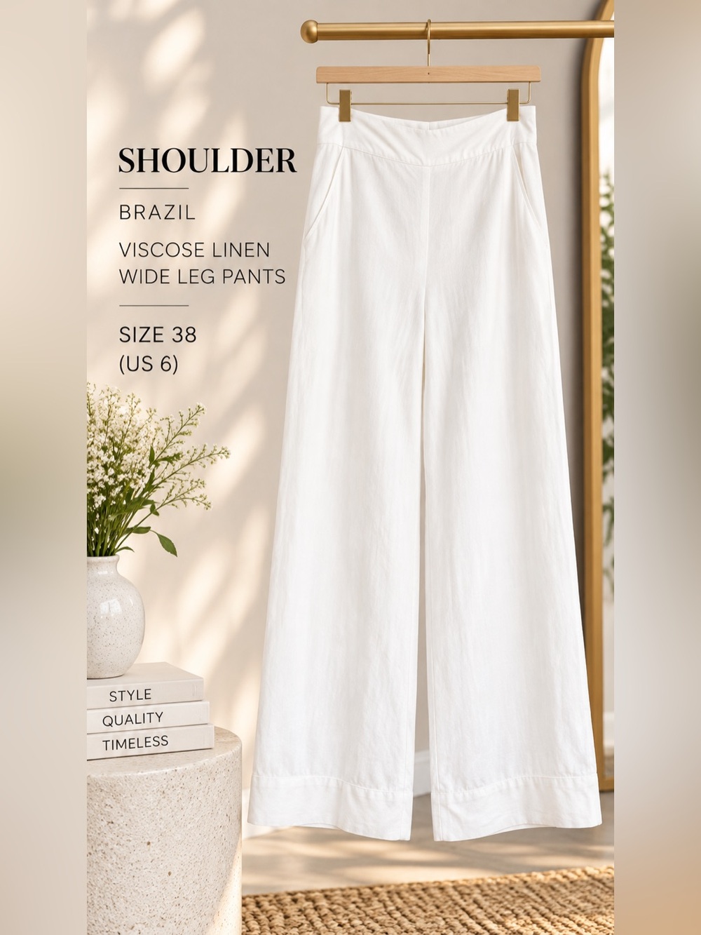 Shoulder Brazil White Viscose Linen Wide Leg Pants Size US 6